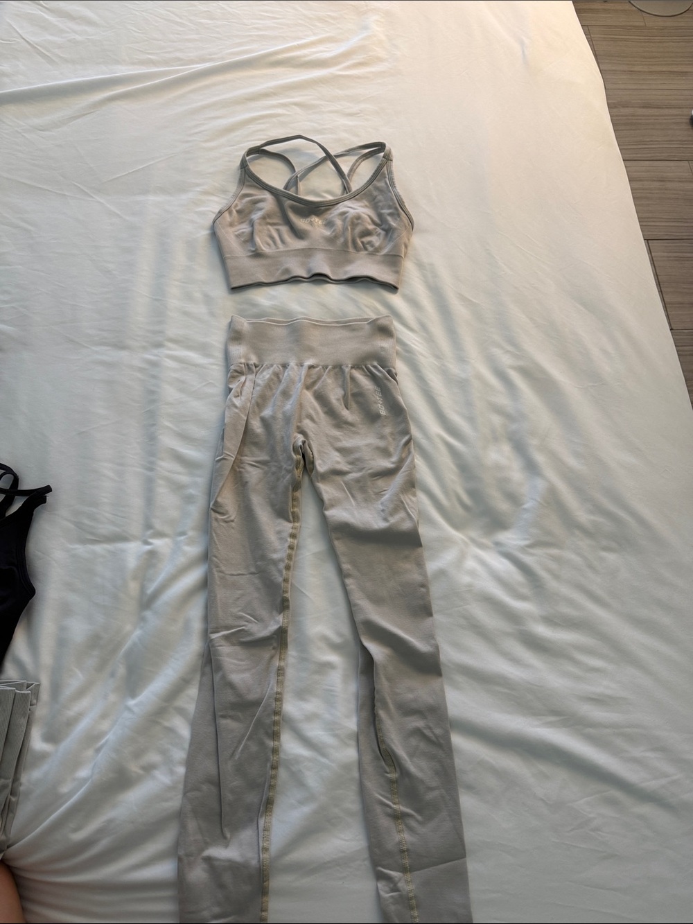 High-Waist Beige Seamless Leggings with Matching Strappy Sports Bra